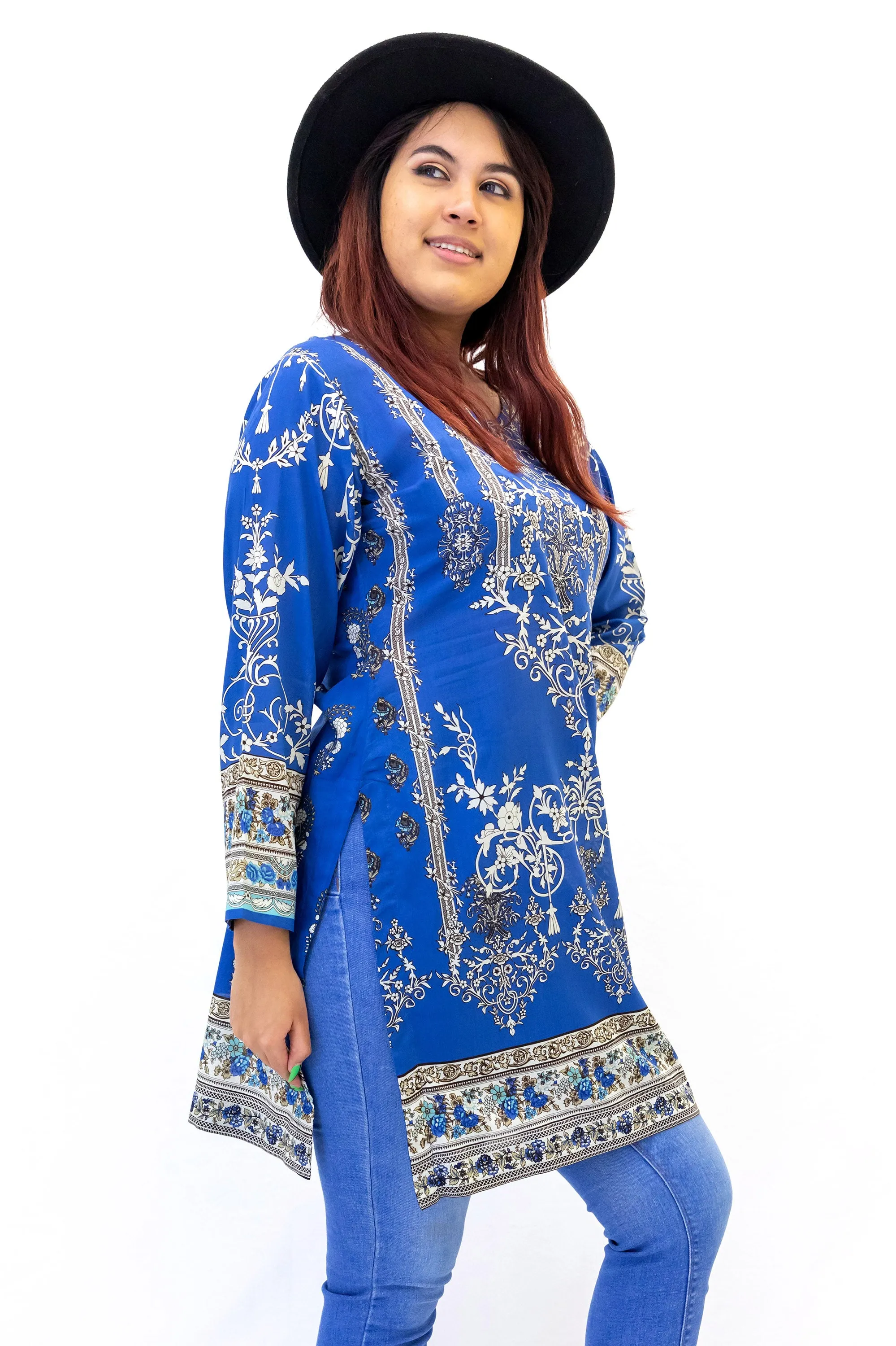 Blue Cotton Print Kurti - Shirt