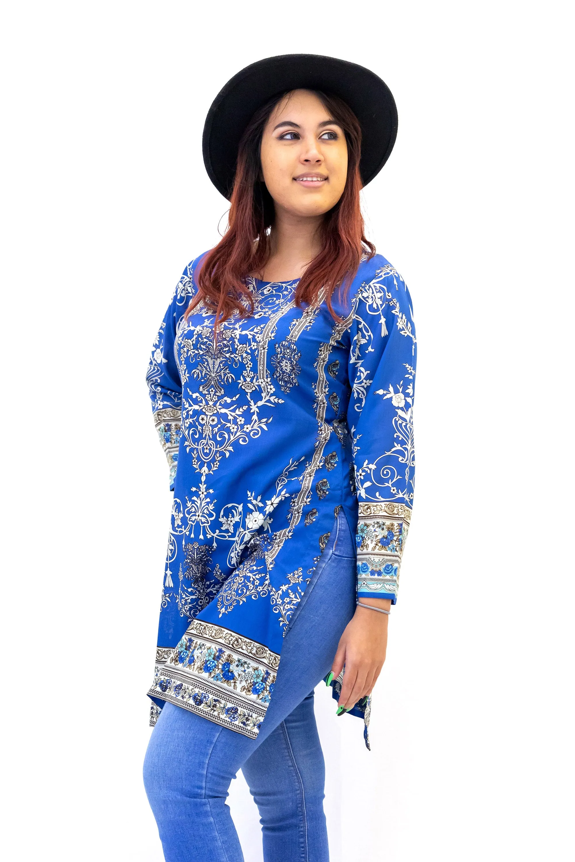 Blue Cotton Print Kurti - Shirt