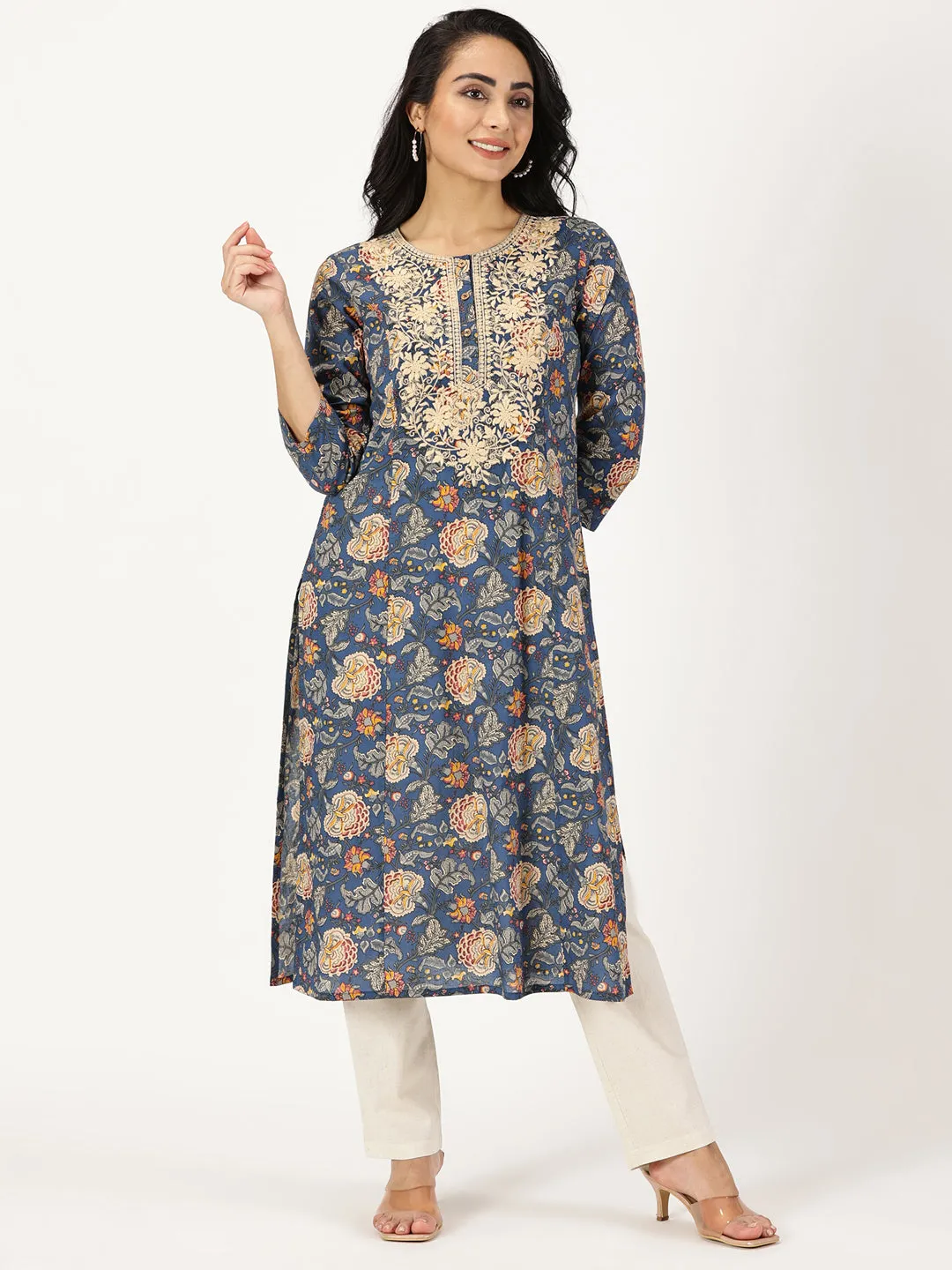Blue Ethnic Floral Print Kurta with Yoke Embroidery