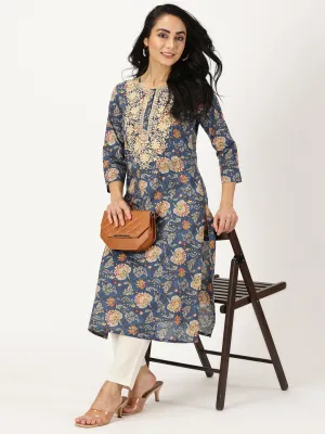 Blue Ethnic Floral Print Kurta with Yoke Embroidery