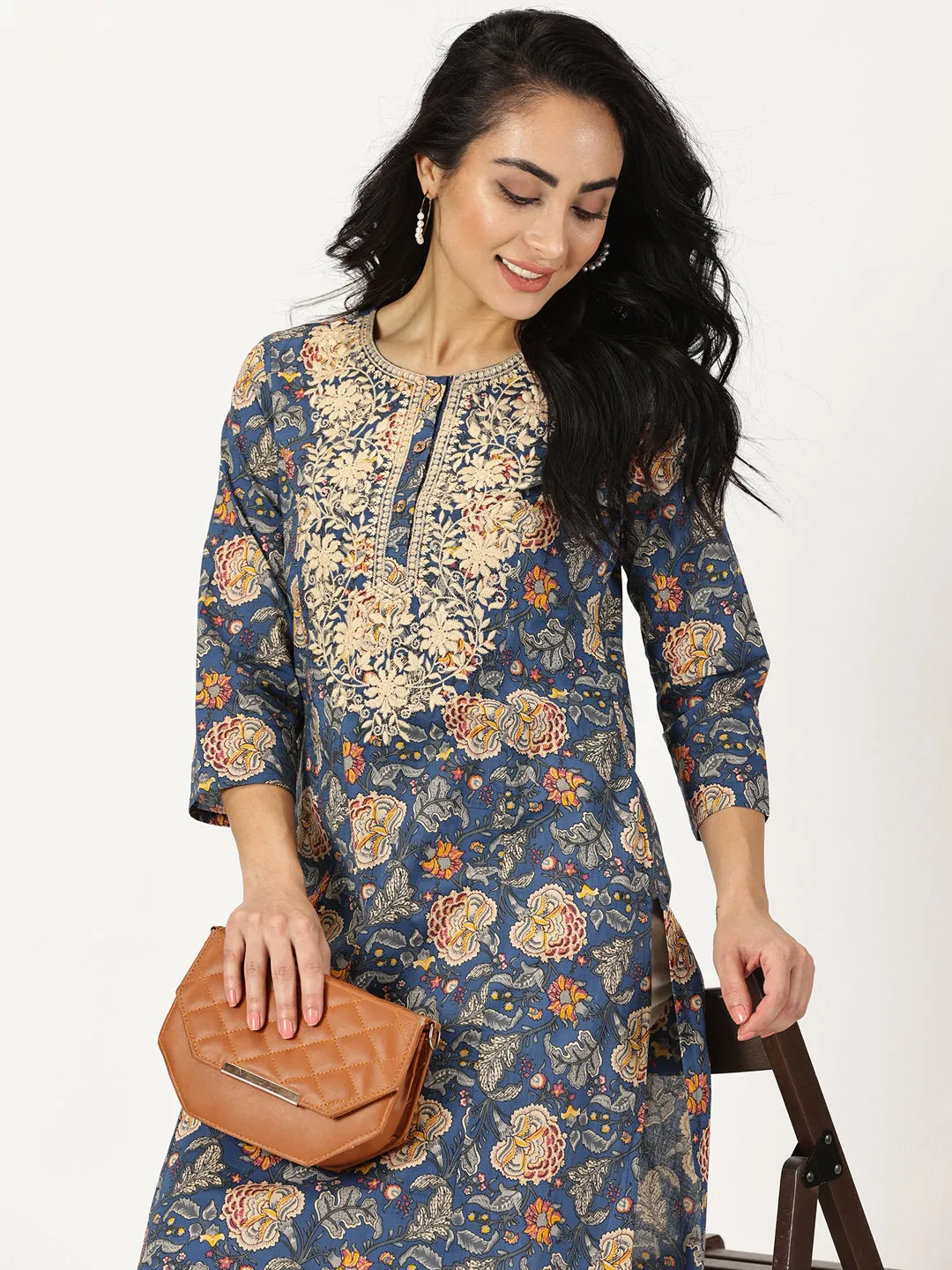 Blue Ethnic Floral Print Kurta with Yoke Embroidery