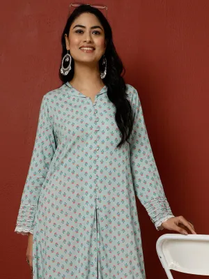 Blue Ethnic Motif Printed A-line Kurta