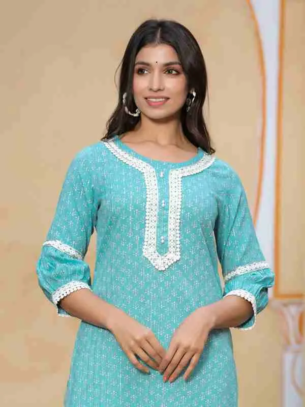 Blue Ethnic Motifs Print Straight Kurta With Palazzos