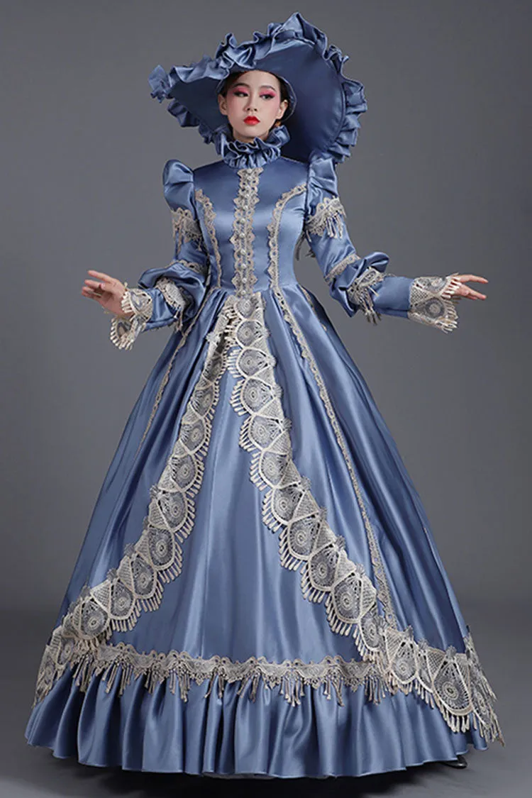 Blue High Collar Long Sleeves High Waisted Hollow Embroidery Floral Print Ruffled Victorian Lolita Prom Dress