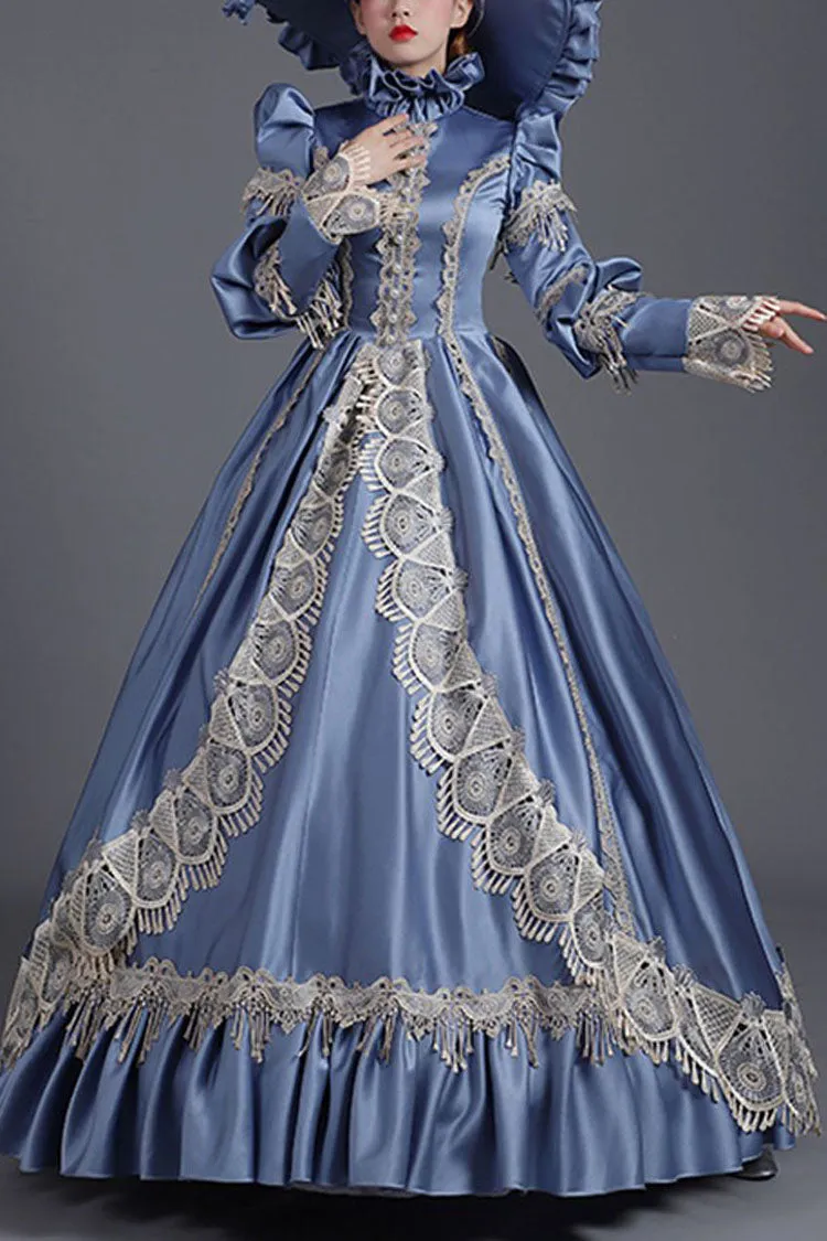 Blue High Collar Long Sleeves High Waisted Hollow Embroidery Floral Print Ruffled Victorian Lolita Prom Dress