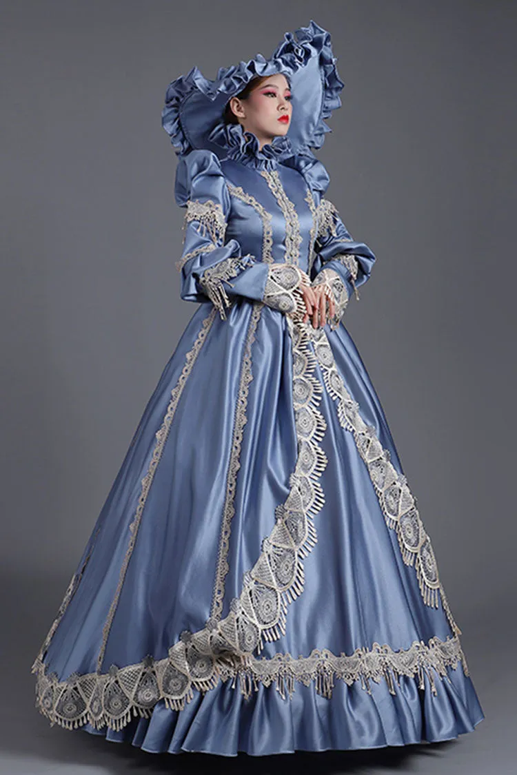 Blue High Collar Long Sleeves High Waisted Hollow Embroidery Floral Print Ruffled Victorian Lolita Prom Dress