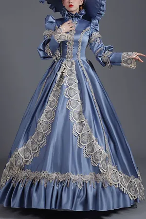 Blue High Collar Long Sleeves High Waisted Hollow Embroidery Floral Print Ruffled Victorian Lolita Prom Dress