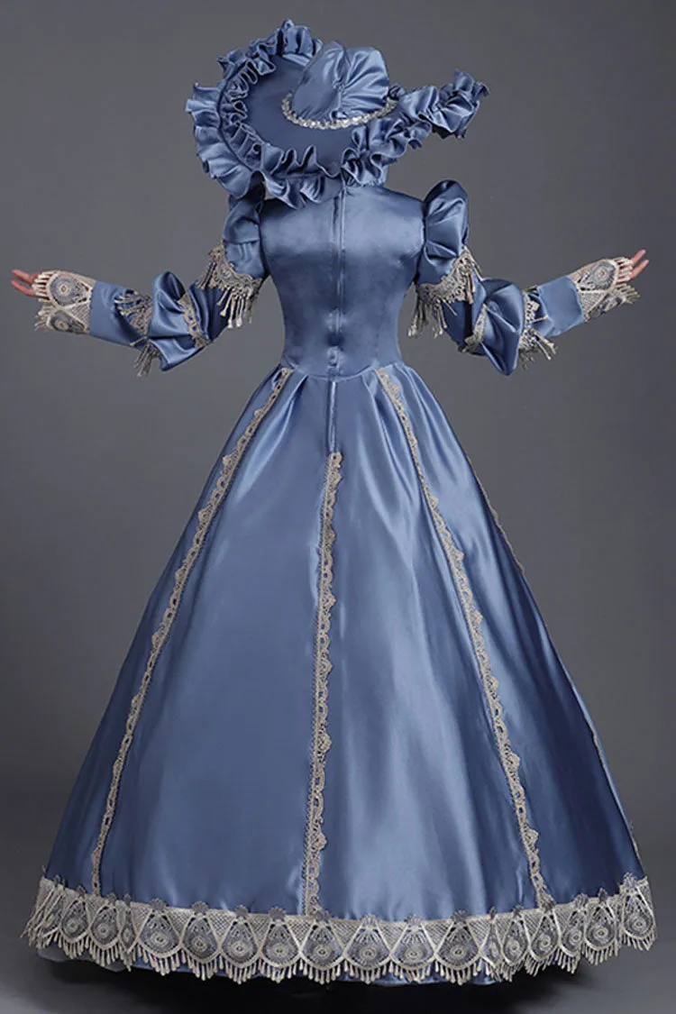 Blue High Collar Long Sleeves High Waisted Hollow Embroidery Floral Print Ruffled Victorian Lolita Prom Dress