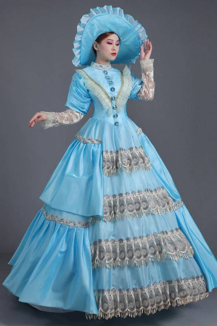 Blue High Waisted Lace Stitching Hollow Embroidery Floral Print Victorian Lolita Prom Dress