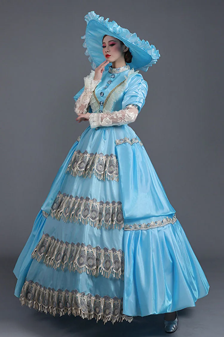 Blue High Waisted Lace Stitching Hollow Embroidery Floral Print Victorian Lolita Prom Dress