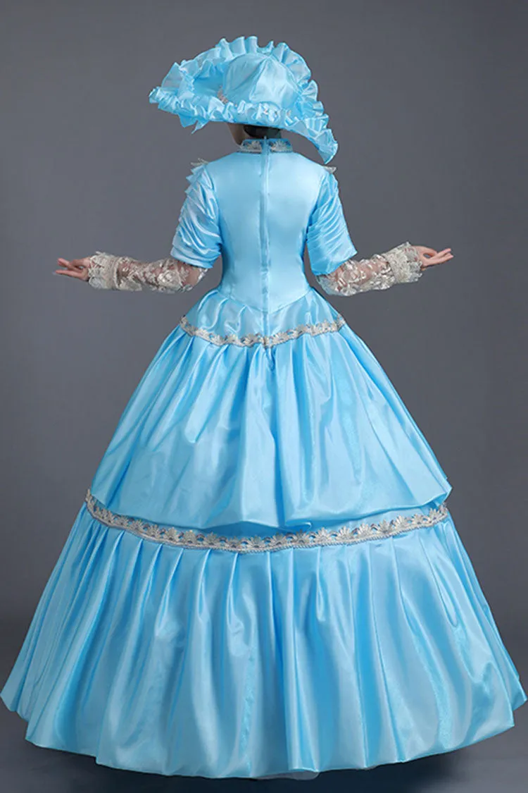 Blue High Waisted Lace Stitching Hollow Embroidery Floral Print Victorian Lolita Prom Dress
