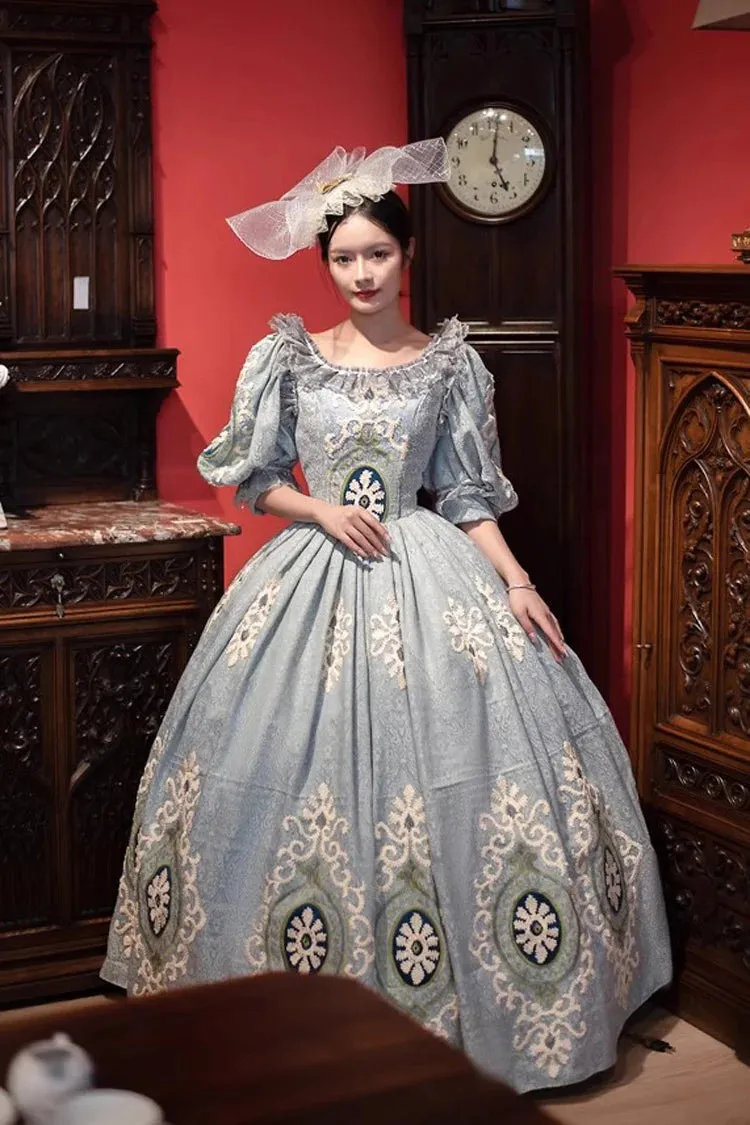 Blue Medieval Court Print Embroidery Vintage Princess Lolita Victorian Dress