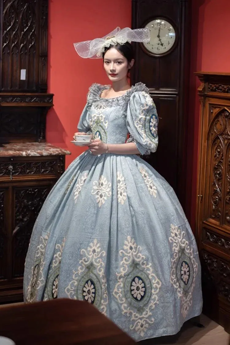 Blue Medieval Court Print Embroidery Vintage Princess Lolita Victorian Dress