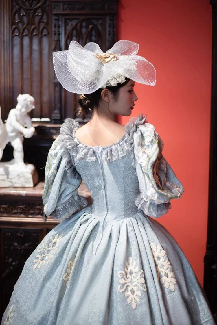 Blue Medieval Court Print Embroidery Vintage Princess Lolita Victorian Dress