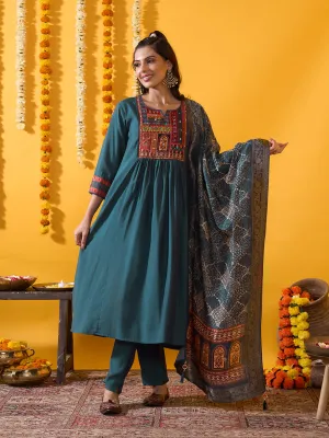 Blue Muslin Suit Set with Floral Printed Dupatta and Solid Pant for women - Zola