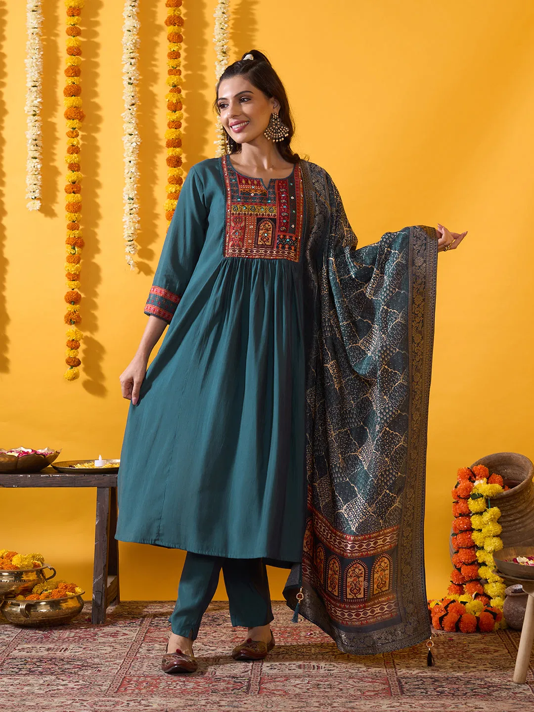 Blue Muslin Suit Set with Floral Printed Dupatta and Solid Pant for women - Zola
