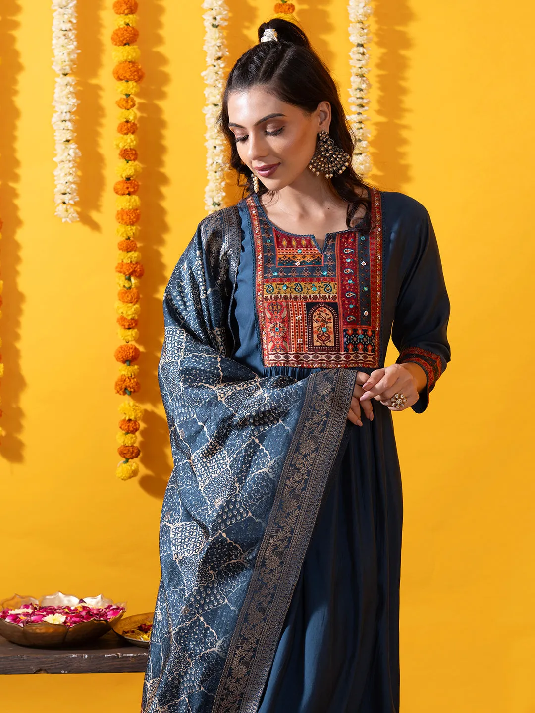 Blue Muslin Suit Set with Floral Printed Dupatta and Solid Pant for women - Zola