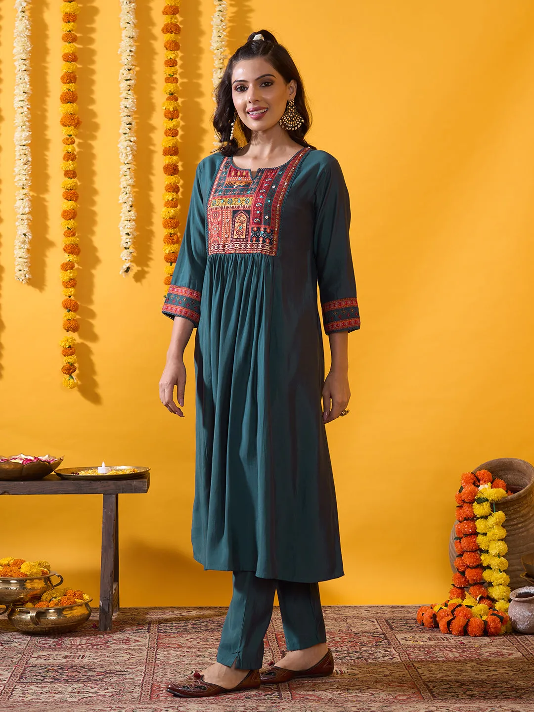 Blue Muslin Suit Set with Floral Printed Dupatta and Solid Pant for women - Zola