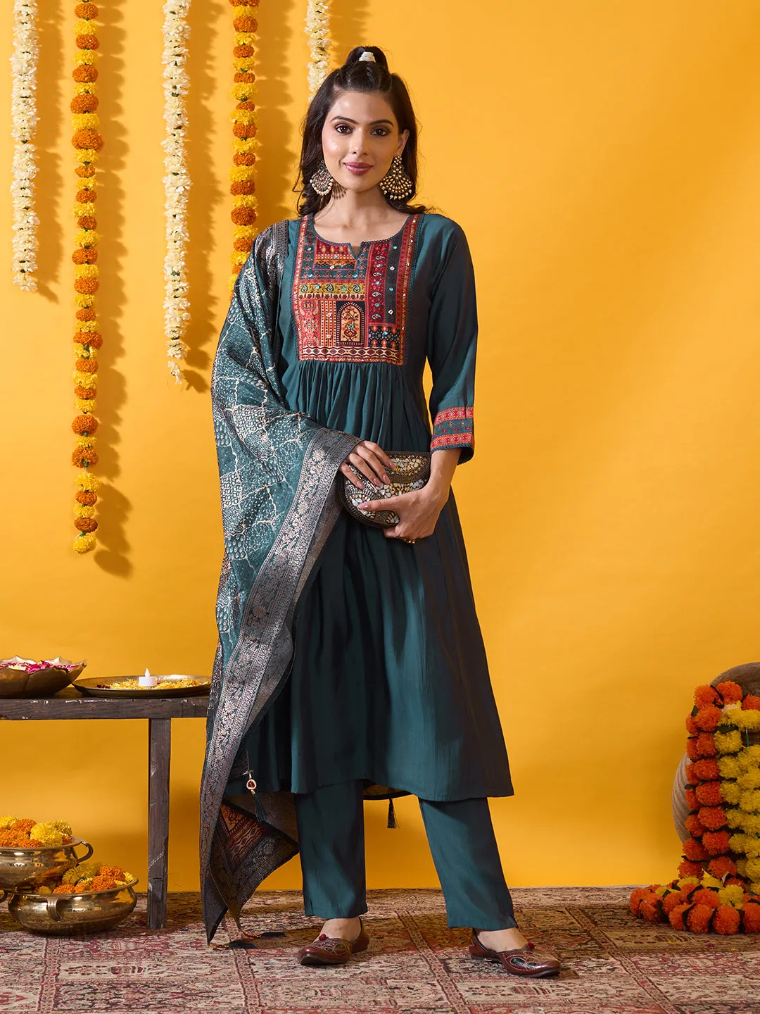 Blue Muslin Suit Set with Floral Printed Dupatta and Solid Pant for women - Zola