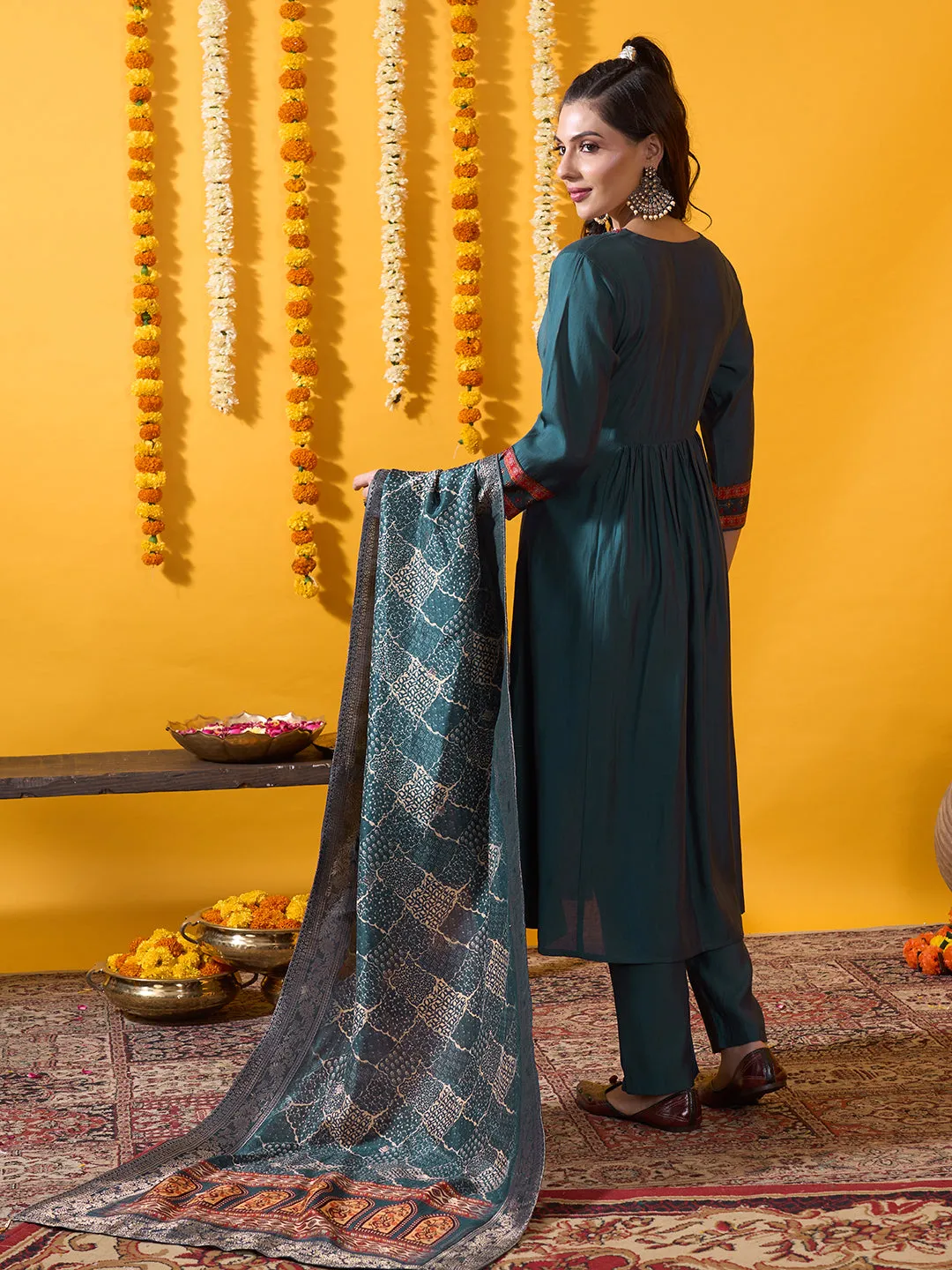 Blue Muslin Suit Set with Floral Printed Dupatta and Solid Pant for women - Zola