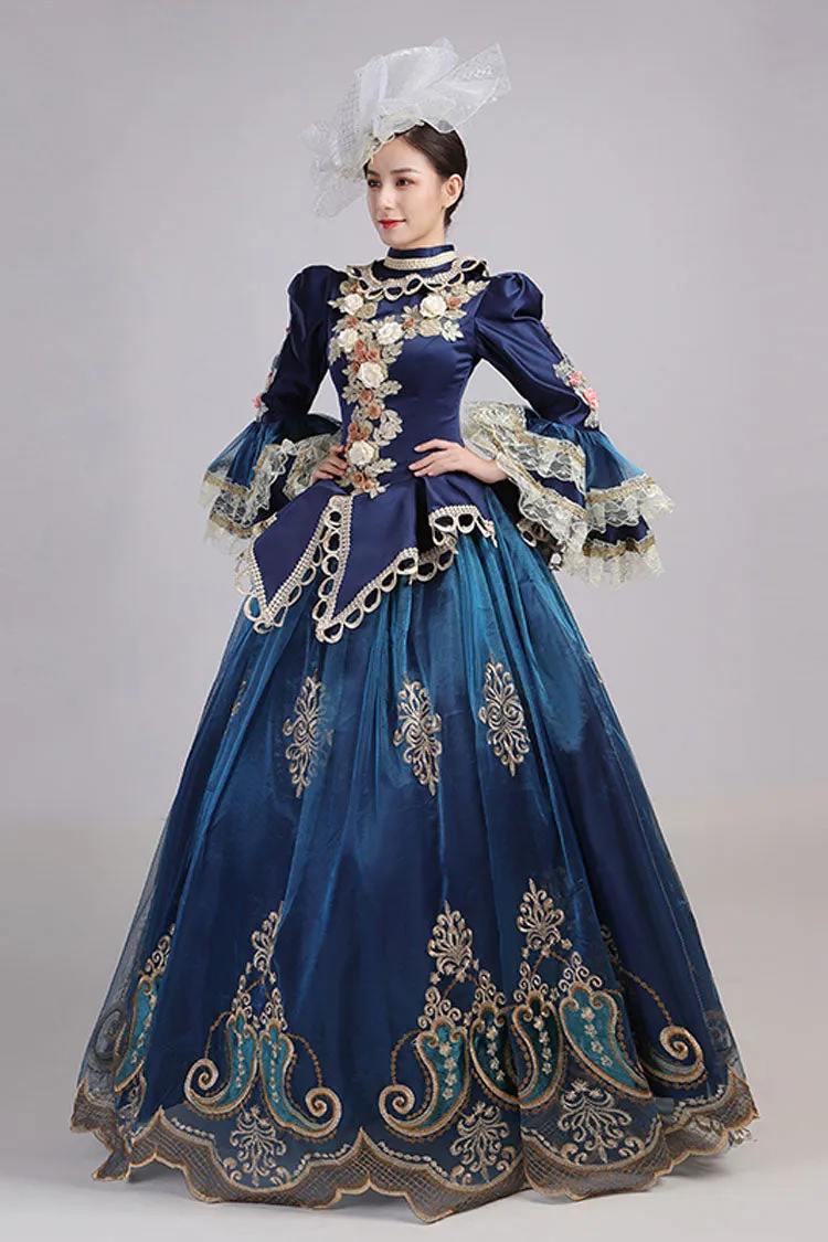 Blue Trumpet Sleeves High Waisted Three Dimensional Flower Hollow Embroidery Print Victorian Lolita Prom Dress