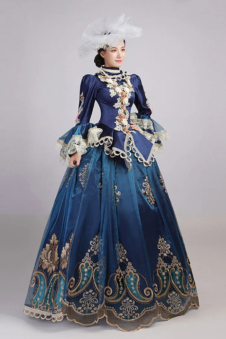 Blue Trumpet Sleeves High Waisted Three Dimensional Flower Hollow Embroidery Print Victorian Lolita Prom Dress