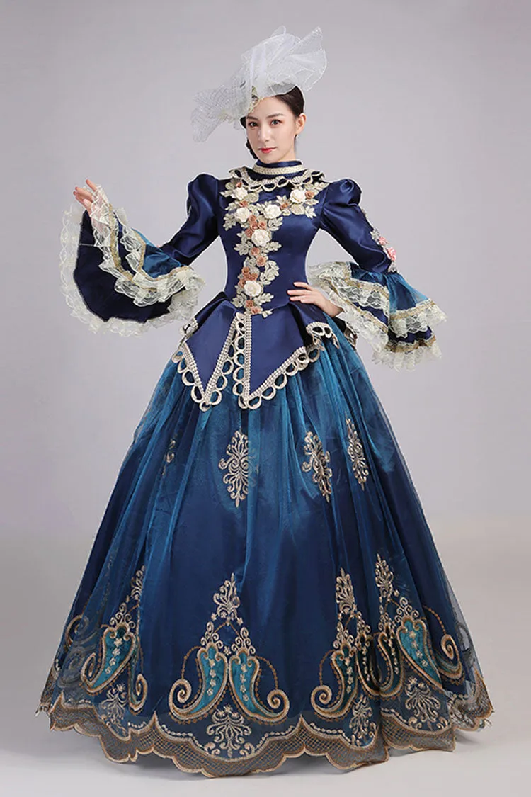 Blue Trumpet Sleeves High Waisted Three Dimensional Flower Hollow Embroidery Print Victorian Lolita Prom Dress