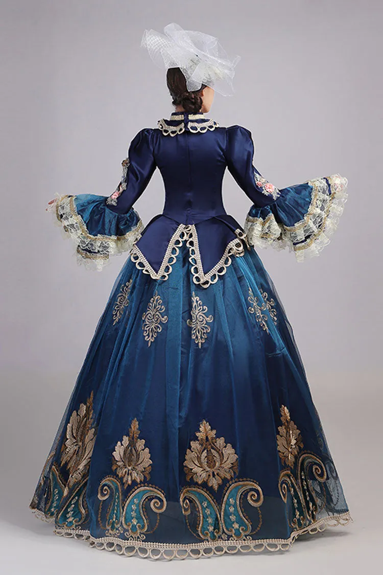 Blue Trumpet Sleeves High Waisted Three Dimensional Flower Hollow Embroidery Print Victorian Lolita Prom Dress