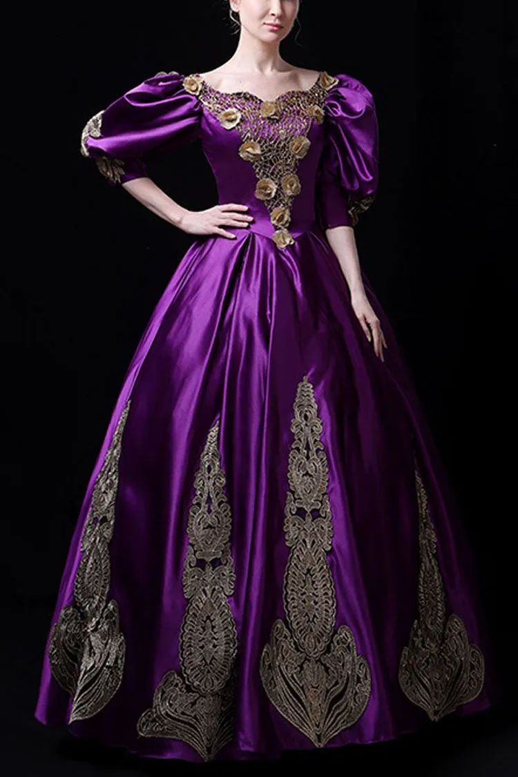 Boat Neck Half Sleeves High Waisted Three Dimensional Golden Floral Hollow Print Victorian Lolita Prom Dress