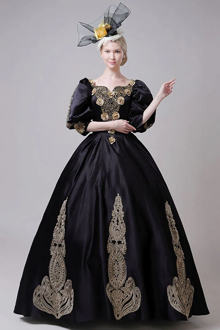 Boat Neck Half Sleeves High Waisted Three Dimensional Golden Floral Hollow Print Victorian Lolita Prom Dress
