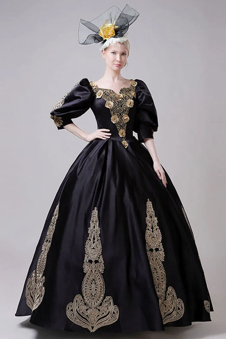Boat Neck Half Sleeves High Waisted Three Dimensional Golden Floral Hollow Print Victorian Lolita Prom Dress