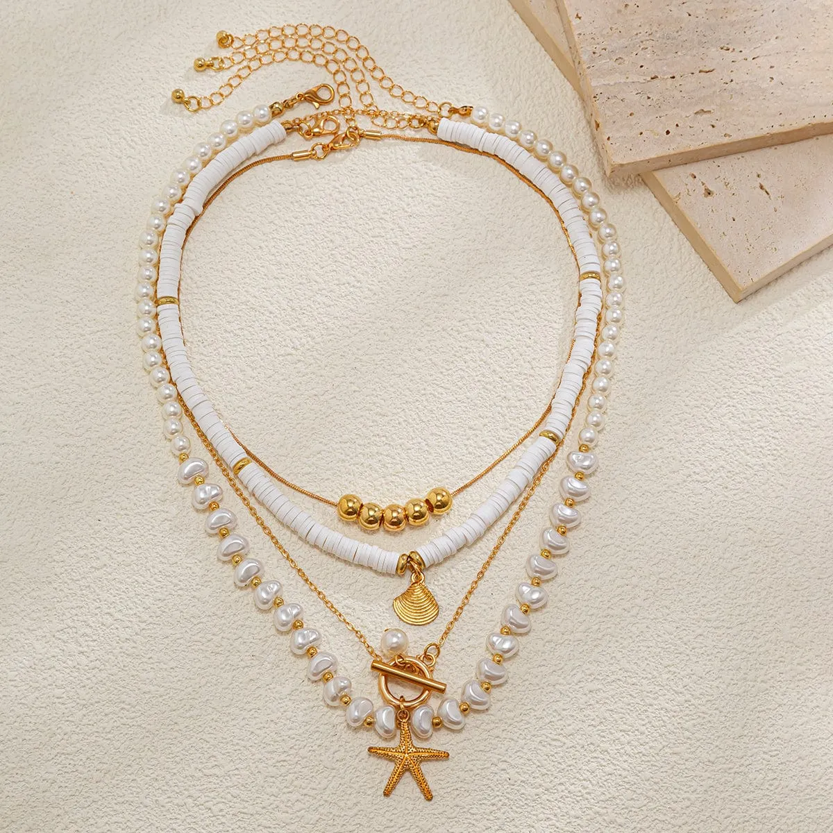 Bohemia Layered Shell Starfish Pendant Pearl Chain Necklace Set
