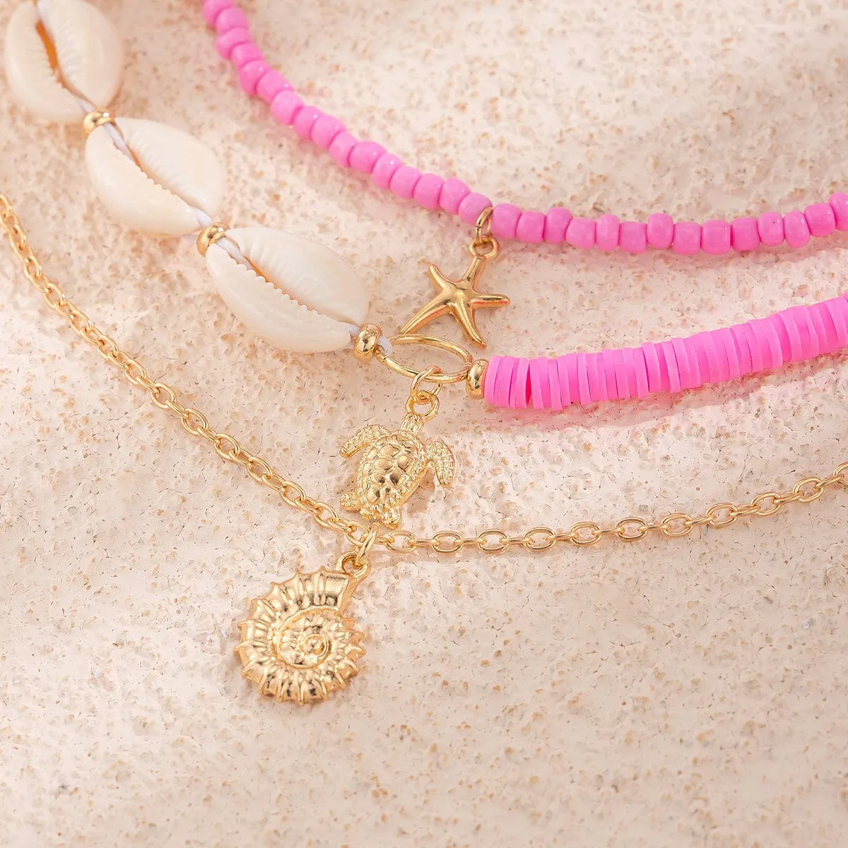 Boho Pink Conch Starfish Turtle Pendant Seed Bead Necklace Set