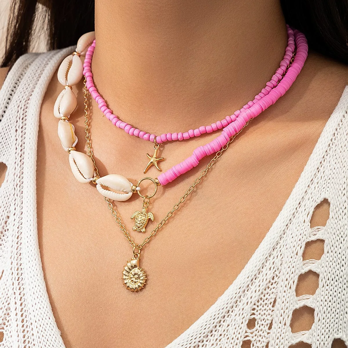 Boho Pink Conch Starfish Turtle Pendant Seed Bead Necklace Set