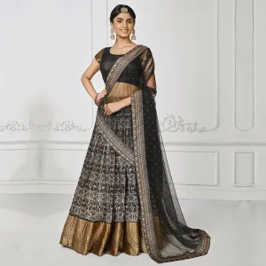 Booming Black Brocade Lehenga Set with Golden Border