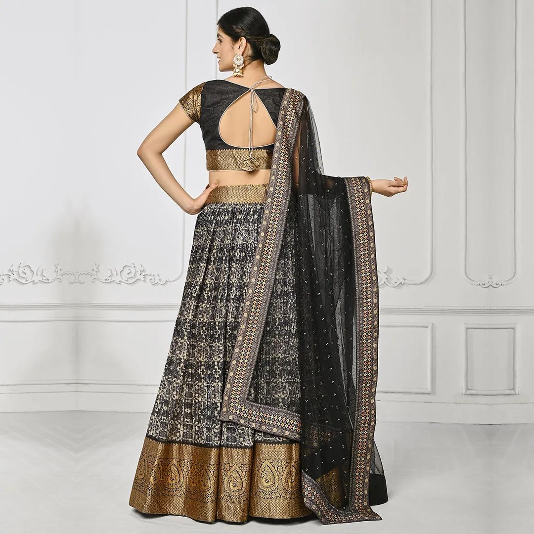 Booming Black Brocade Lehenga Set with Golden Border
