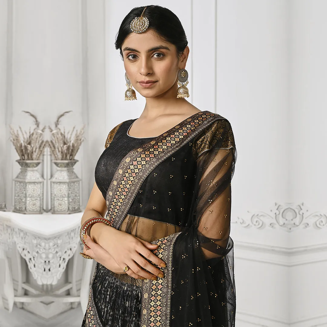 Booming Black Brocade Lehenga Set with Golden Border