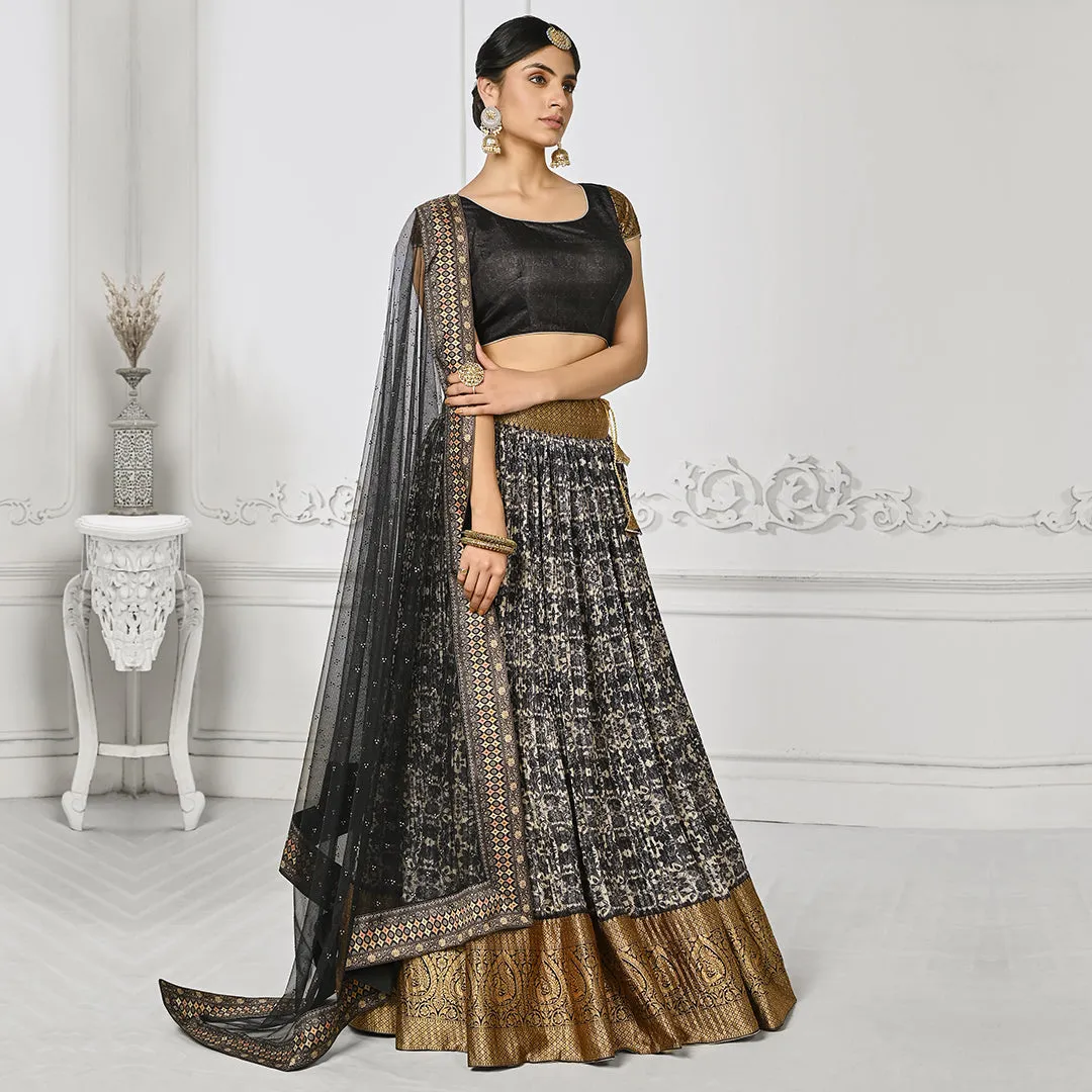 Booming Black Brocade Lehenga Set with Golden Border