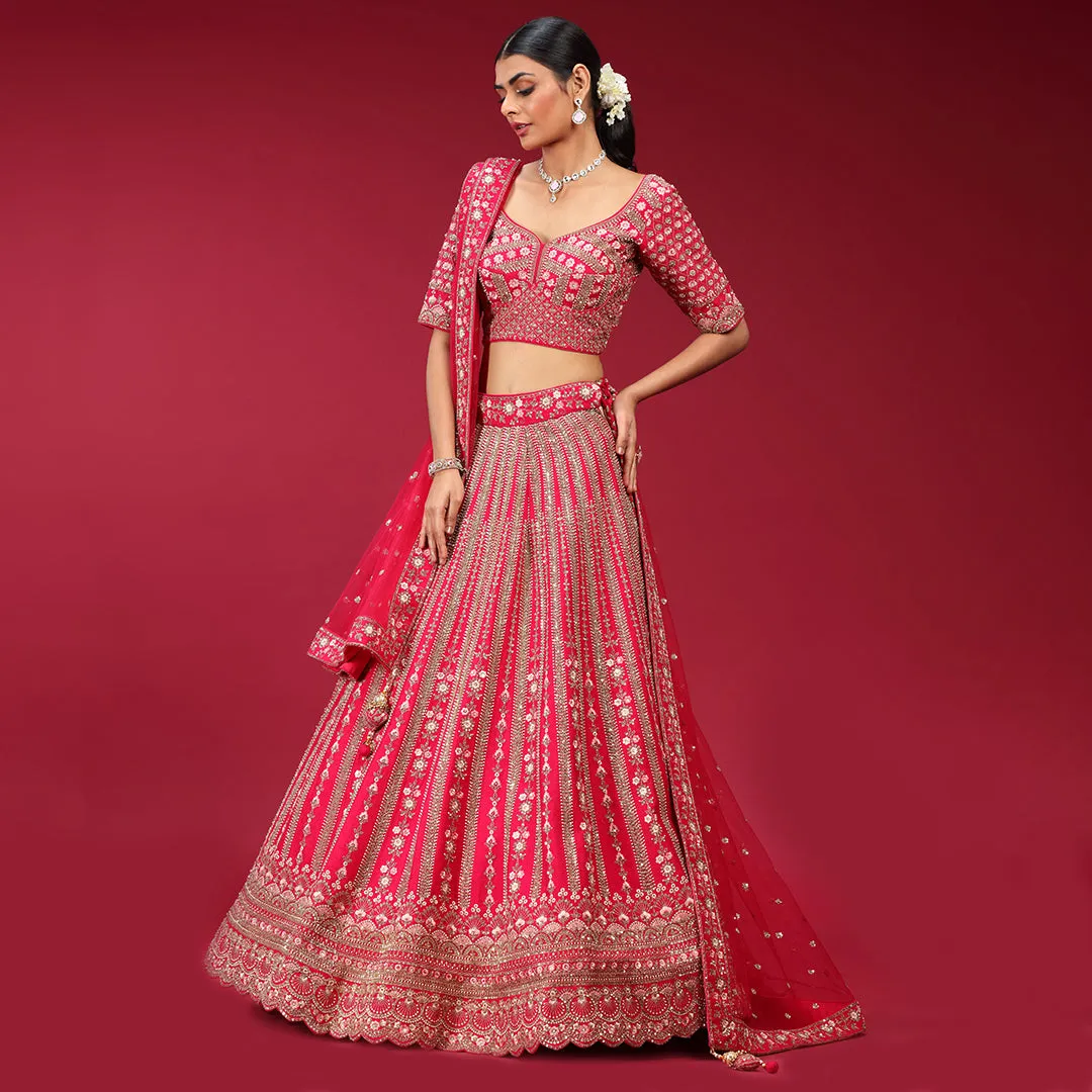 Bright Pink Thread Work Lehenga Choli Set