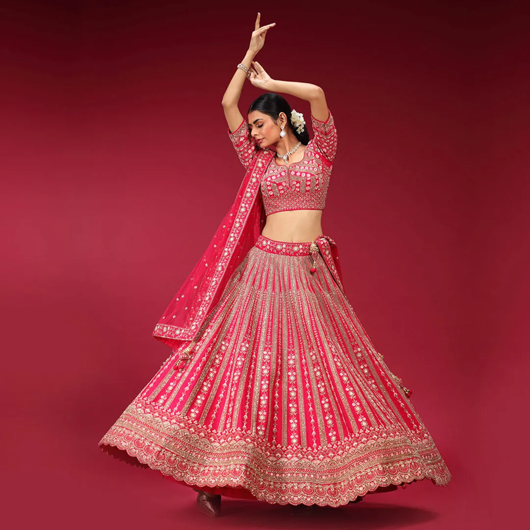 Bright Pink Thread Work Lehenga Choli Set