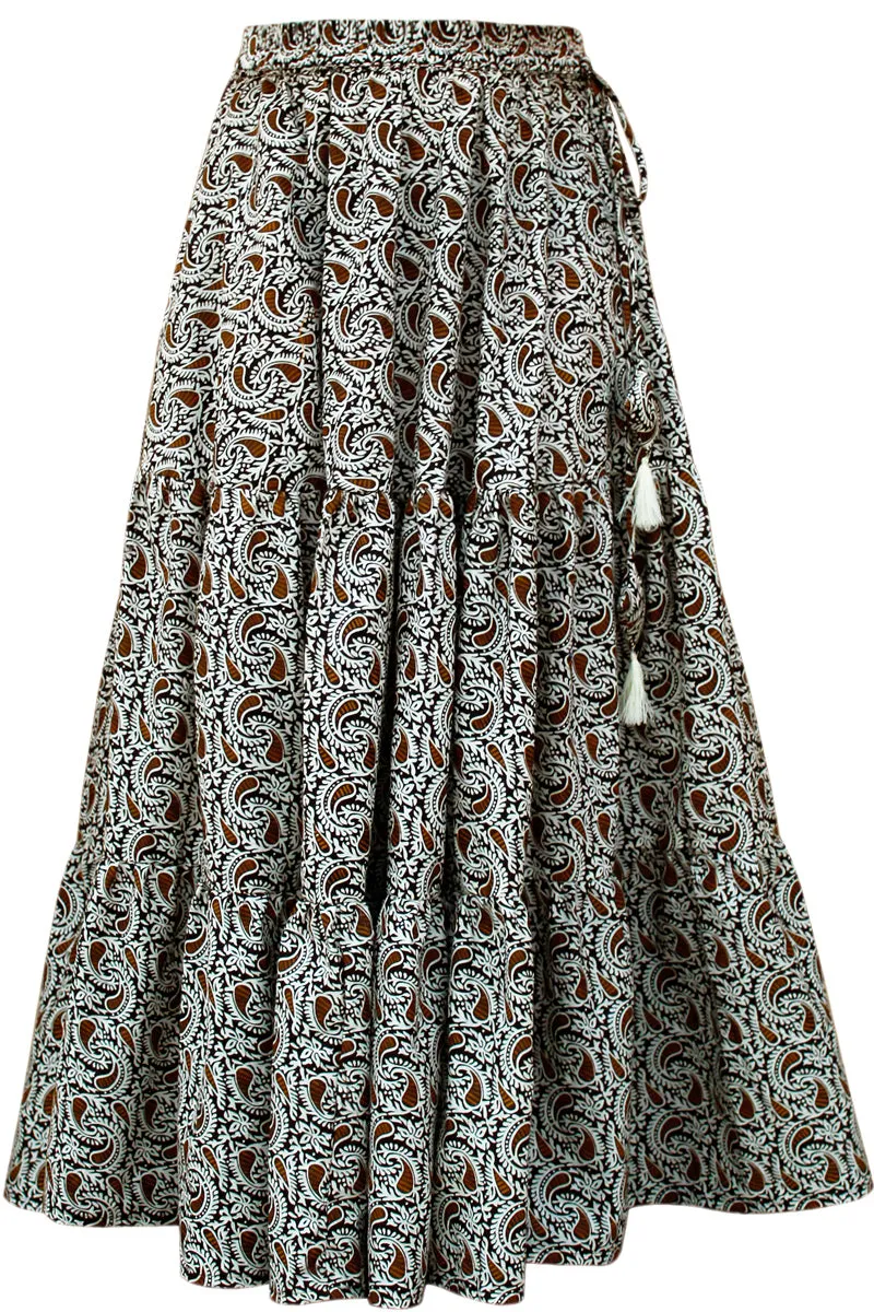 Brown & White Paisley Print Boho Cotton Skirt