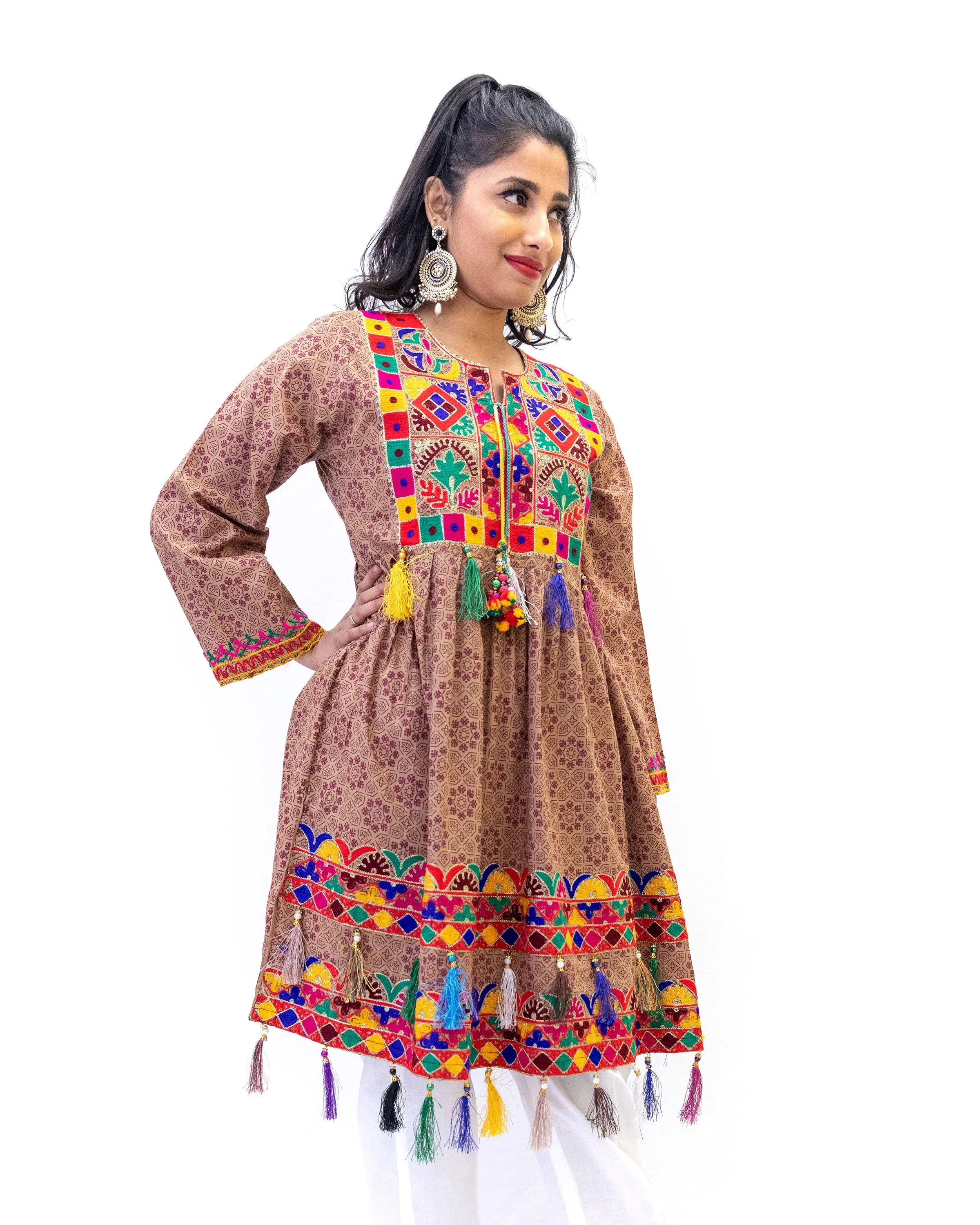 Brown Cotton South Pakistan Print Kurti - Shirt
