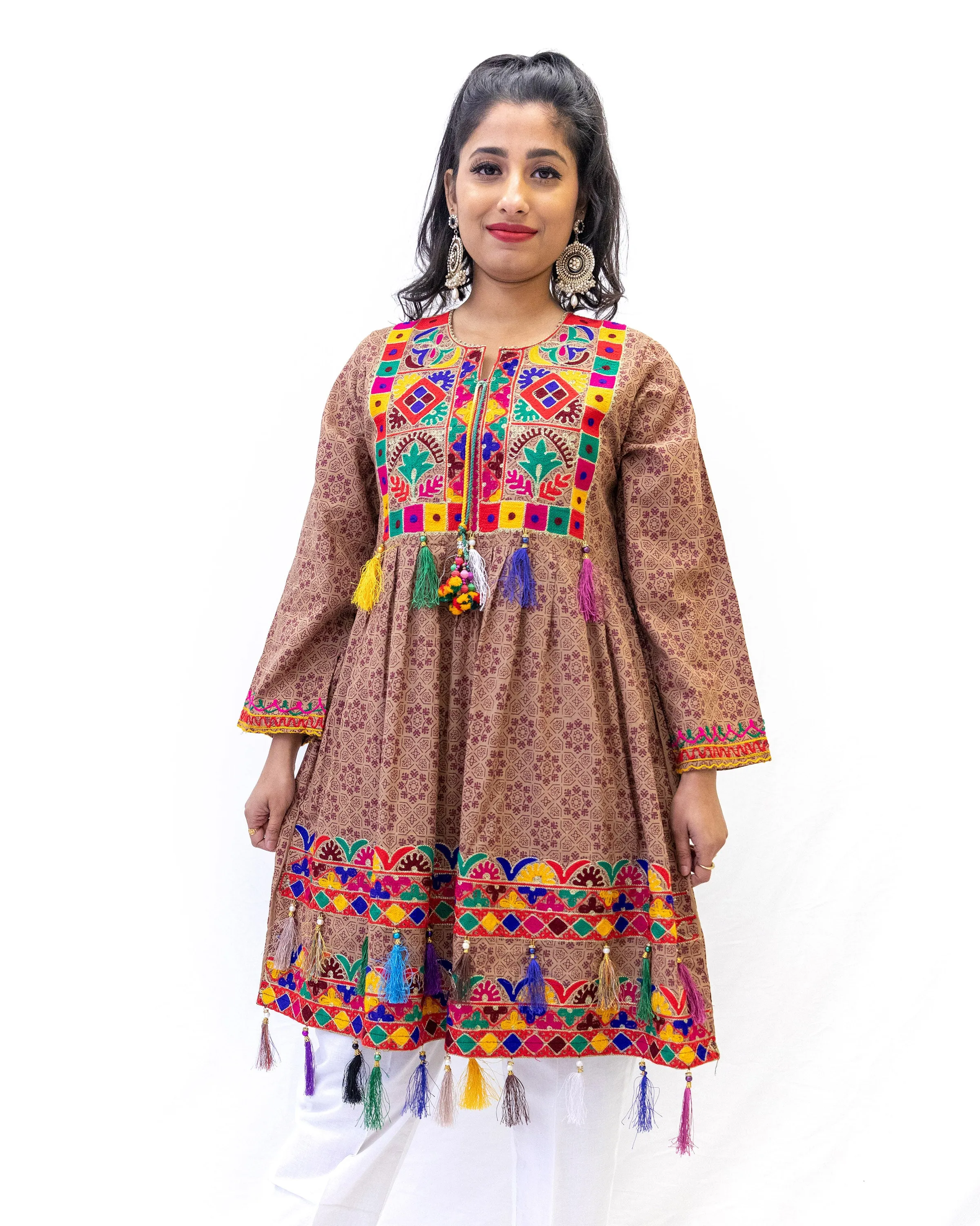Brown Cotton South Pakistan Print Kurti - Shirt