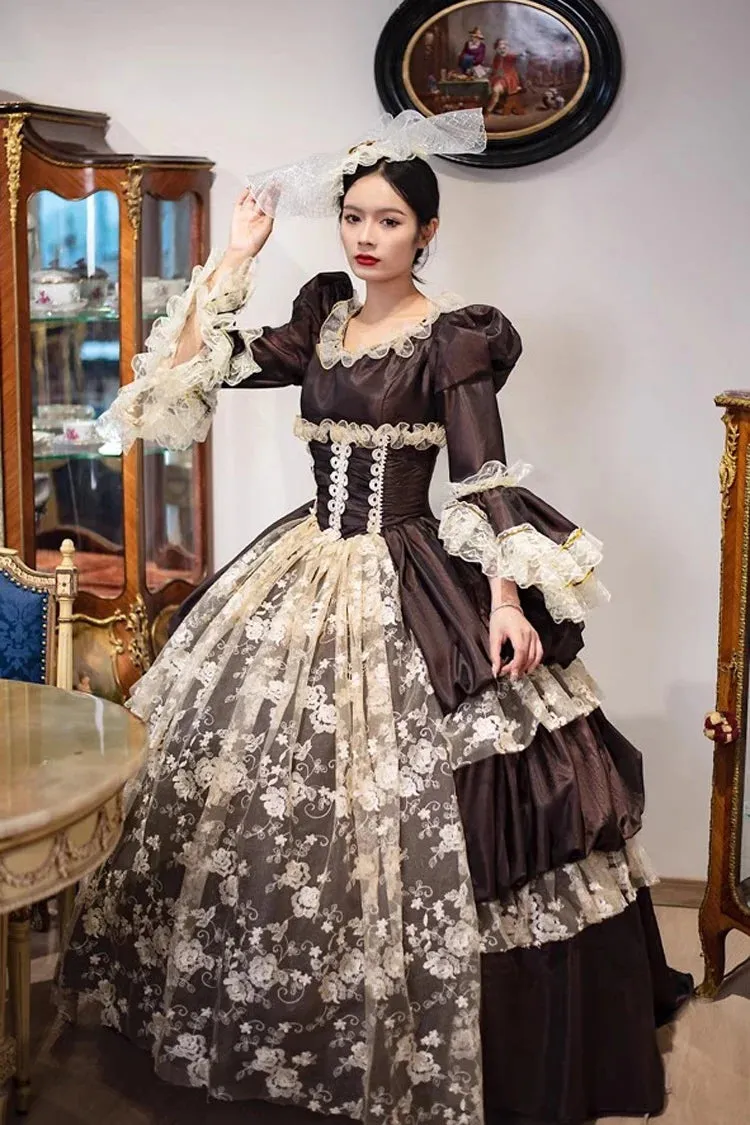 Brown Dark Pattern Print Medieval Court Gothic Victorian Lolita Long Dress