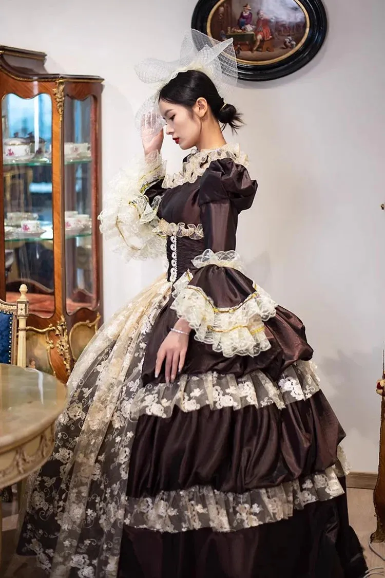 Brown Dark Pattern Print Medieval Court Gothic Victorian Lolita Long Dress