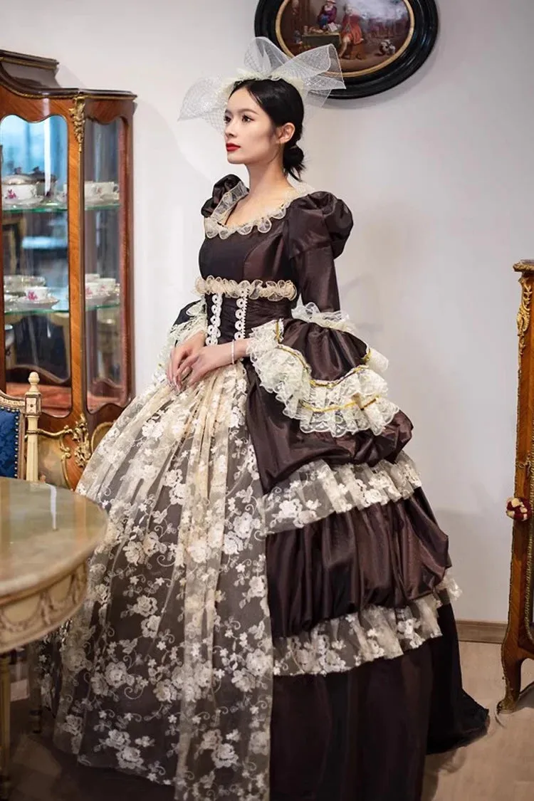 Brown Dark Pattern Print Medieval Court Gothic Victorian Lolita Long Dress