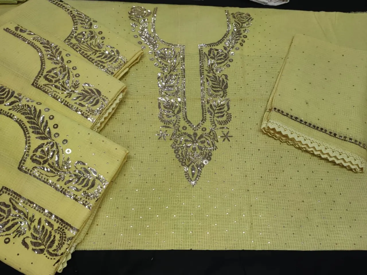 Butter Yellow Kota Doriya Chikankari unstitched Salwar Suit