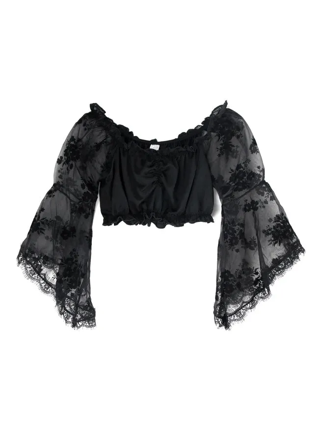 Casual Floral Long Sleeves Off Shoulder Ruffled Blouse Crop Top