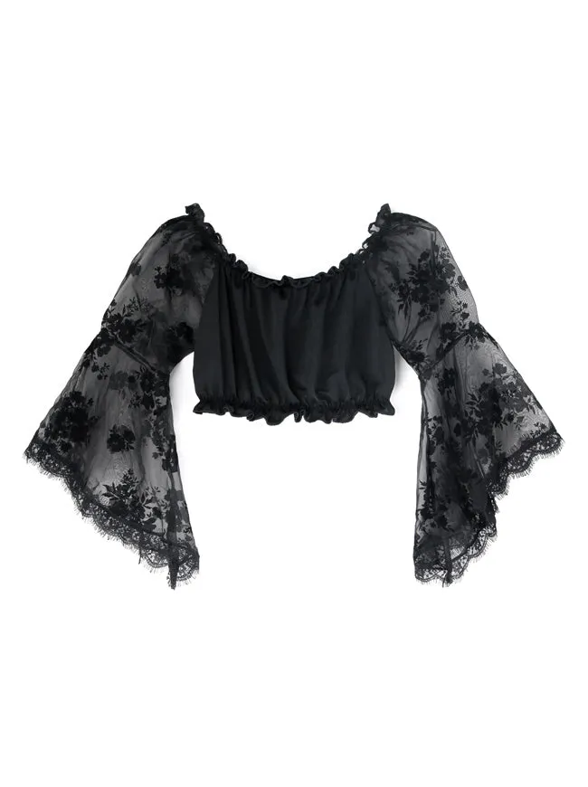 Casual Floral Long Sleeves Off Shoulder Ruffled Blouse Crop Top