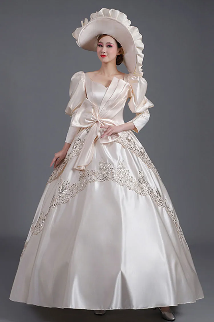Champagne Half Sleeves Asymmetric Big Bowknot High Waisted Hollow Embroidery Print Victorian Lolita Prom Dress